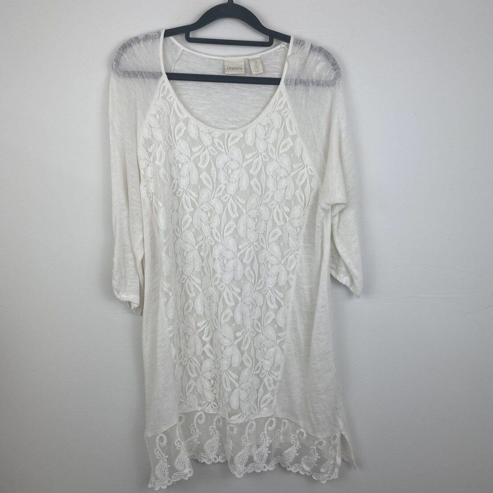 chico's blouse size 2 3/4 sleeve Lace front color cream round neckline